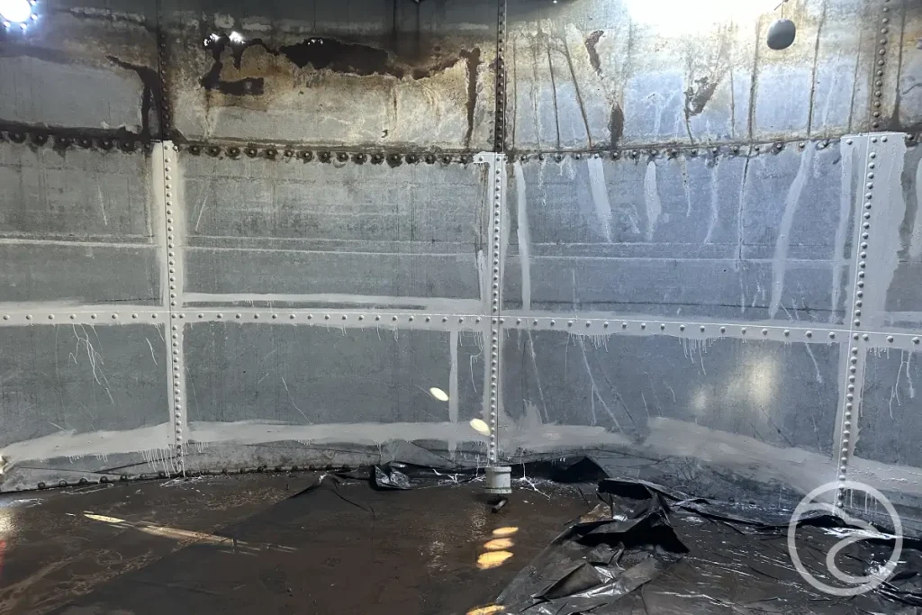 Corrosion inside a steel fire water tank during inspection
